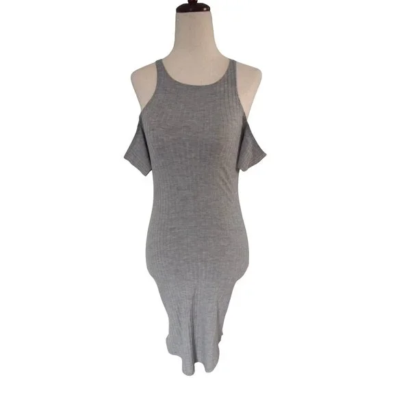 LNA | Dresses | Lna Womens Dress Xs Ribbed Fitted Midi Knit Cold Shoulder  Grey Bodycon | Poshmark